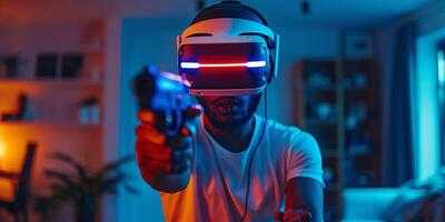 ai généré Jeune caucasien homme banderole en jouant vidéo Jeu en utilisant virtuel réalité des lunettes et manette à jeu pièce photo