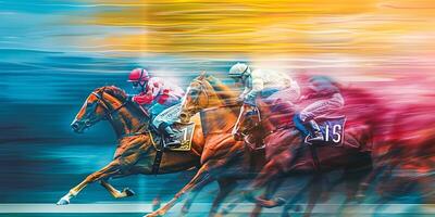 ai généré jockeys sprint sur les chevaux, la perspective vue plat style coloré illustration. photo