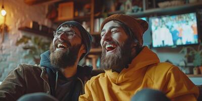 ai généré Multi-éthnique Hommes ayant amusement et tintement avec Bière bouteilles lorsque célébrer la victoire de sport équipe photo