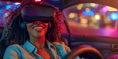 ai généré affaires femme dans le vr googles séance dans le voiture et tournant le pilotage roue dans une auto. ayant amusement et en jouant Jeux avec augmenté réalité photo