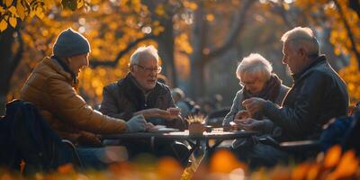 ai généré personnes âgées Hommes jouer échecs sur une banc dans ville parc. photo