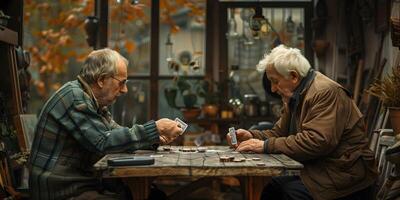 ai généré groupe de les personnes âgées en jouant cartes dans le retraite maison photo