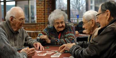 ai généré groupe de les personnes âgées en jouant cartes dans le retraite maison photo