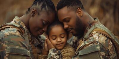 ai généré content réunion. joyeux épouse et fille étreindre militaire homme, accueillant lui après de retour Accueil de armée, Masculin soldat dans camouflage uniforme embrassement avec famille, fermer coup avec photo