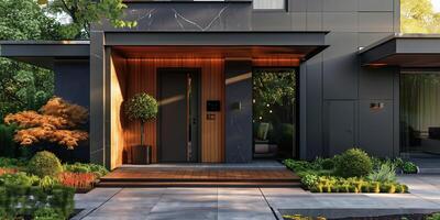 ai généré massif en bois entrée porte à moderne blanc maison avec pavage sentier dans le ville. nouveau, moderne architecture, extérieur conception photo