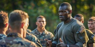 ai généré multiracial Jeune soldats dans militaire uniforme repos sur intervalle photo