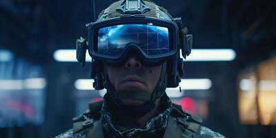 ai généré fermer de une soldat en utilisant haute technologie des lunettes de soleil avec holographique afficher photo