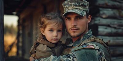 ai généré soldat et les enfants sur champ de bataille Contexte. militaire et porter secours opération concept. photo