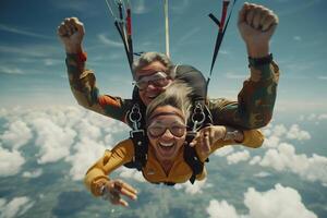 ai généré jolie femme est en volant tandem saut en parachute dans le ciel. photo