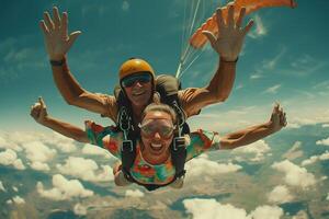 ai généré jolie femme est en volant tandem saut en parachute dans le ciel. photo