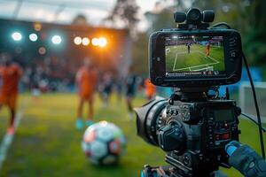 ai généré la télé caméra à le stade pendant Football allumettes. télévision caméra pendant le football rencontre photo