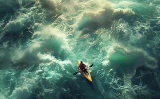 ai généré HD drone photo de une homme canoë.