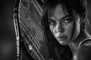 ai généré monochrome portrait de Jeune femme tennis joueur photo