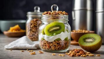 pot de yaourt avec granola et kiwi dans le cuisine photo