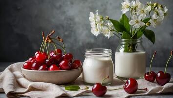 pot de yaourt avec cerises dans le cuisine photo