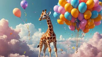 mignonne dessin animé girafe avec des ballons surprise photo