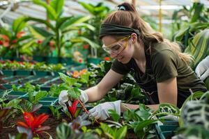 ai généré femelle botaniste vérification plante dans jardin photo