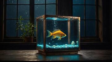 ai généré chatoyant d'or poisson dans verre aquarium avec rouillé métallique bords sur foncé rugueux Contexte. unique Accueil décor sens de ancien charme, mystique, mystère, antiquité, nostalgie, curiosité photo