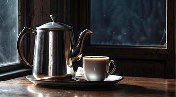 ai généré blanc tasse de café, antique argent café pot sur foncé rugueux Contexte. ambiance de sophistication et tranquillité. café culture, confortable les cafés. foudre et ombre de le fenêtre photo