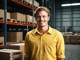 ai généré caucasien homme dans Jaune chemise permanent par table dans livraison un service entrepôt, souriant à caméra. illustre la diversité et professionnalisme dans livraison un service la main d'oeuvre. photo