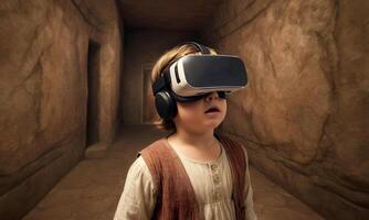 ai généré le enfant dans le vr casque voyages à le passé en utilisant vr, avec alentours représentant le historique période de primitif société photo