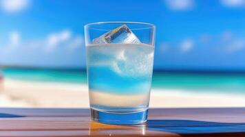 ai généré verre de l'eau avec la glace sur plage bar comptoir, bleu ciel, blanc océanique sable, lumière flou arrière-plan, sélectif se concentrer, copie espace photo