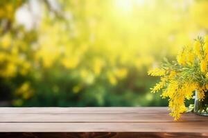 ai généré en bois dessus de la table avec Jaune mimosa branche dans printemps saison sur flou Contexte. toile de fond pour produit ou graphique conception travail afficher et présentation. sélectif concentrer photo