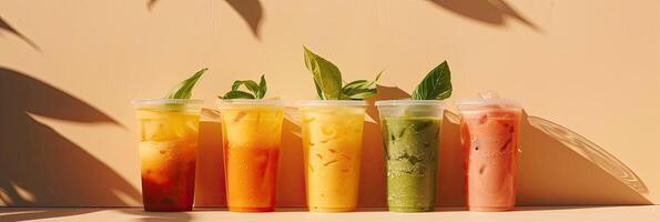 certains tasses de smoothies, minimaliste arrière-plan, ombre feuilles photo