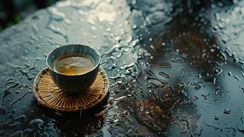 fumant thé tasse sur humide surface photo