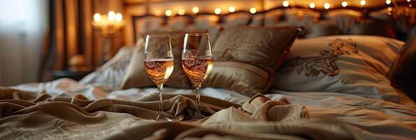 romantique lit avec oreillers et Champagne des lunettes photo