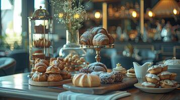 luxe boulangerie sur élégant à manger table photo