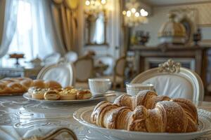 luxe boulangerie sur élégant à manger table photo