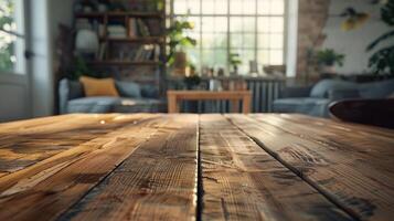 vide en bois table dans vivant pièce fermer maquette photo