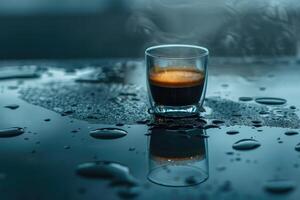 café dans verre tasse sur humide surface photo