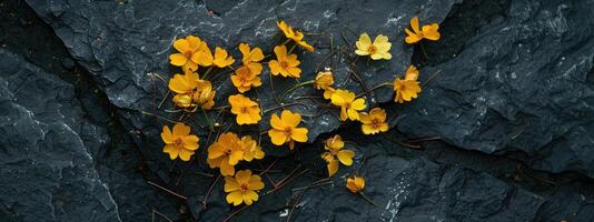 abondance de petit Jaune fleurs sur foncé pierre Contexte photo