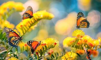 une groupe de papillons flottant autour une grappe de mimosa fleurs photo