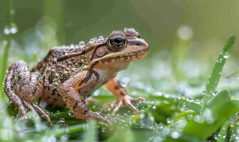 rana arvalis dans une embrassé par la rosée prairie. fermer vue de grenouille dans le herbe photo