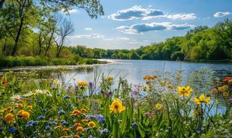 printemps à le Lac avec épanouissement fleurs sauvages et vibrant verdure photo