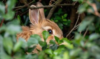 une duveteux marron lapin furtivement en dehors de derrière une buisson photo