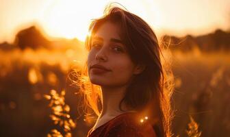 portrait de Jeune femme dans le champ dans le coucher du soleil lumière photo