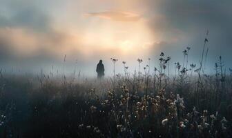 figure de une solitaire la personne dans le Prairie dans crépuscule photo