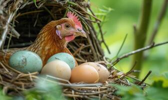 une poule garde sa fraîchement posé des œufs dans une nid photo