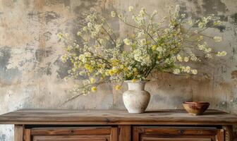 une ancien une commode orné avec une vase de Jaune et blanc sauvage fleurs photo