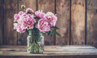 pivoines arrangé dans une le maçon pot vase pour une rustique élégant pièce maîtresse photo