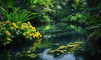 une tranquille étang entouré par luxuriant verdure photo