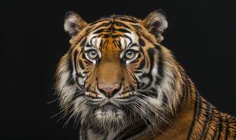 fermer de une Bengale-Sibérie tigre hybride dans studio éclairage, tigre sur noir Contexte photo