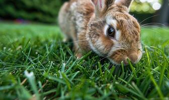 fermer de une lapin grignoter sur Frais vert herbe photo