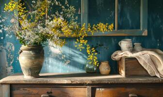 une ancien une commode orné avec une vase de Jaune et blanc sauvage fleurs photo