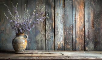 une rustique en bois table orné avec une patiné vase rempli avec fleurs sauvages photo