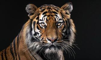 fermer de une Bengale-Sibérie tigre hybride dans studio éclairage, tigre sur noir Contexte photo